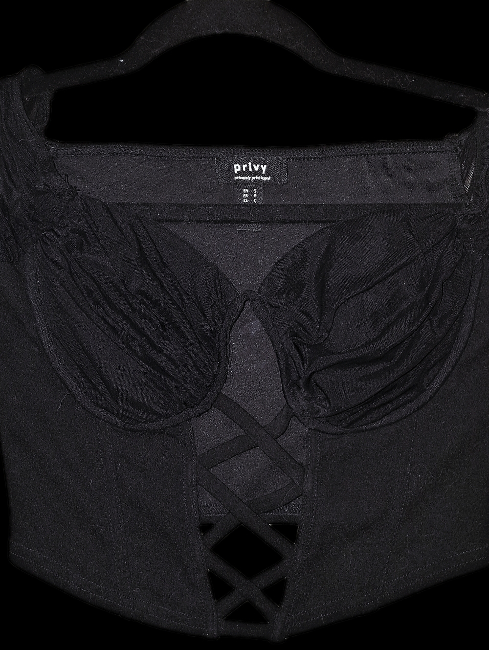 Privy Black Lace-Up Cropped Bustier Top with Runched Mesh Sleeves Sz Small | EUC - Picture 2 of 7